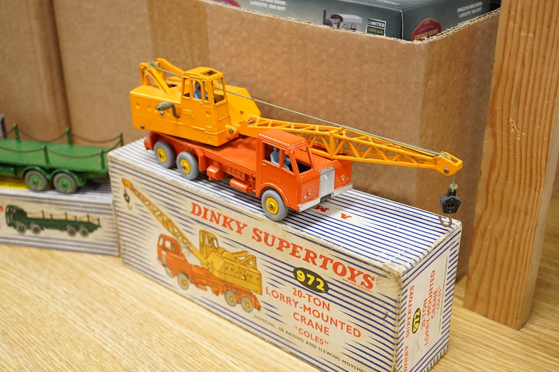 Three boxed Dinky Toys and Supertoys; a Foden FG with chains in green (905), Horse Box in BR livery (981), and a 20-ton Lorry-Mounted Coles Crane (972)